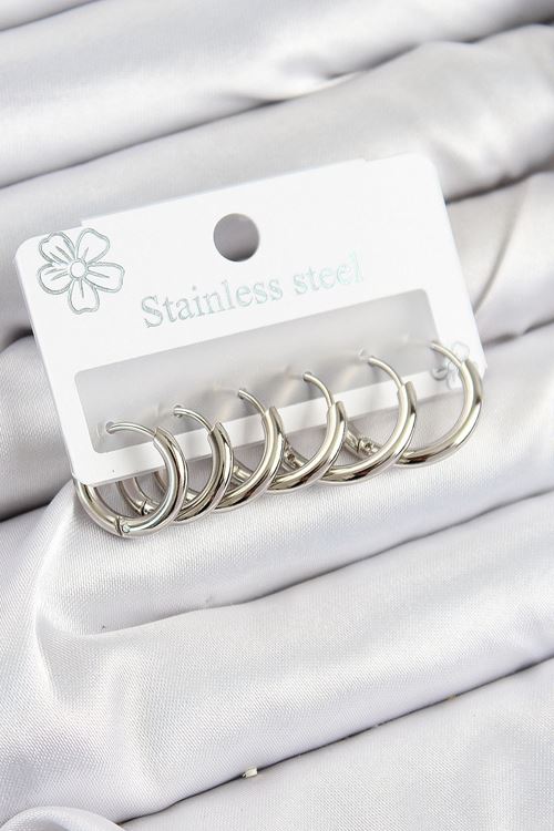 YRTCL 316L Çelik Halka Model Gümüş Renk 3'lü Set Kadın Küpe