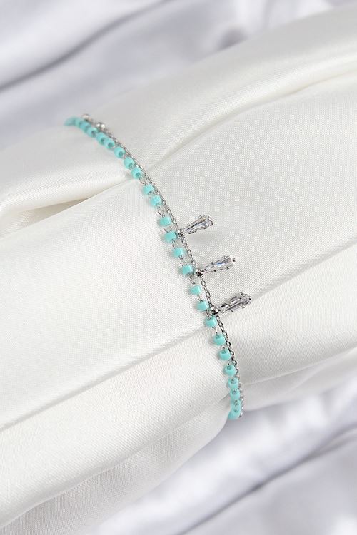 YRTCL Pirinç Zirkon Taşlı Mavi Boncuklu Model Gümüş Renk Kadın Bileklik