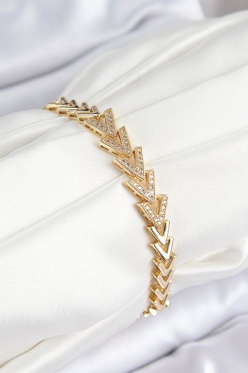 YRTCL Pirinç Zirkon Taşlı Sıralı Ok Model Gold Renk Kadın Bileklik
