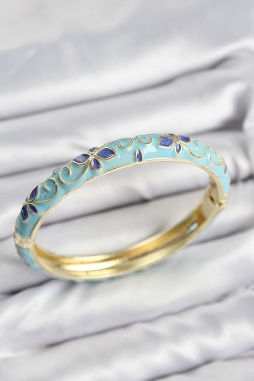 YRTCL Mineli Pirinç Turkuaz Çiçek Motifli Gold Kadın Kelepçe