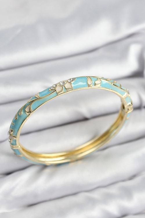 YRTCL Mineli Pirinç Zirkon Taşlı Turkuaz Çiçek Motifli Gold Kadın Kelepçe