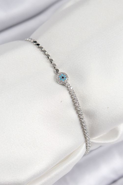 YRTCL Pirinç Zirkon Taşlı Nazar Model Ezme Zincir Gümüş Renk Kadın Bileklik