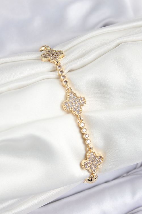 YRTCL Pirinç Zirkon Taşlı Yonca Model Gold Renk Kadın Bileklik