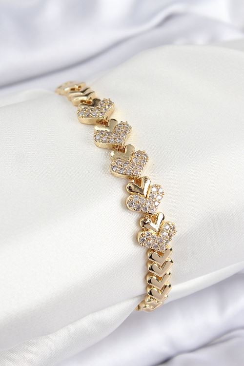 YRTCL Pirinç Zirkon Taşlı Kalp Model Gold Renk Kadın Bileklik