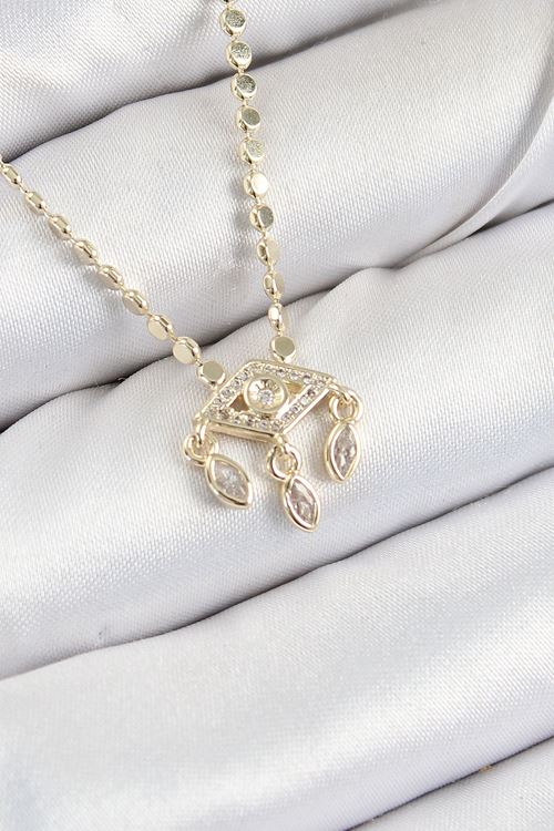 YRTCL Pirinç Zirkon Taşlı Sallantılı Göz Model Ezme Zincir Gold Renk Kadın Kolye