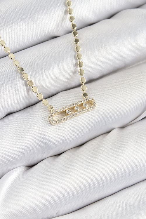YRTCL Pirinç Zirkon Taşlı Messika Model Ezme Zincir Gold Renk Kadın Kolye