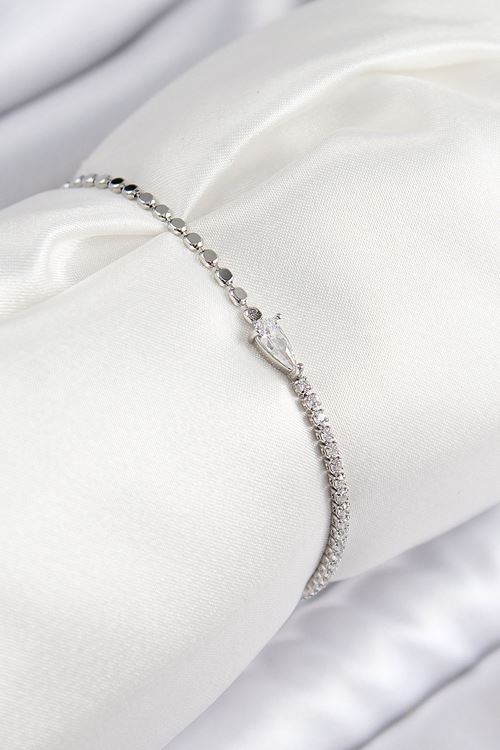 YRTCL Pirinç Zirkon Taşlı Damla Model Ezme Zincir Gümüş Renk Kadın Bileklik