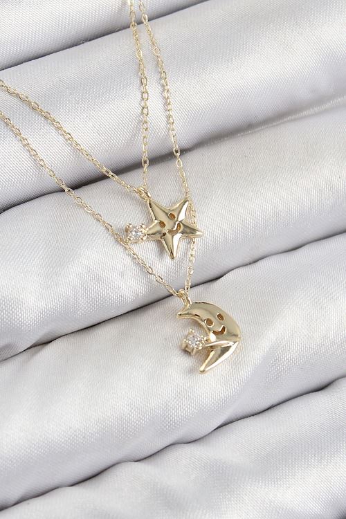 YRTCL Pirinç Zirkon Taşlı Yıldız Ve Ay Model Gold Renk Kadın Kolye