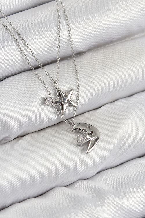 YRTCL Pirinç Zirkon Taşlı Yıldız Ve Ay Model Gümüş Renk Kadın Kolye