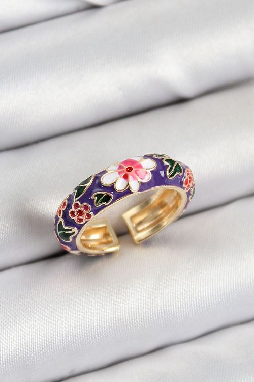 YRTCL Pirinç Mor Mineli Çiçek Motifli Gold Renk Ayarlanabilir Kadın Yüzük