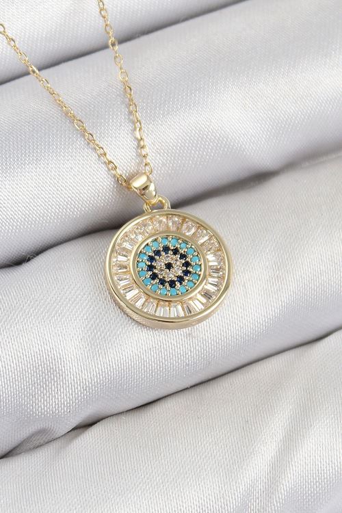 YRTCL Pirinç Zirkon Taşlı Su Yolu Nazar Model Gold Renk Kadın Kolye