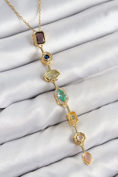 YRTCL Pirinç Renkli Zirkon Taşlı Model Gold Renk 7 Element Kadın Y Kolye