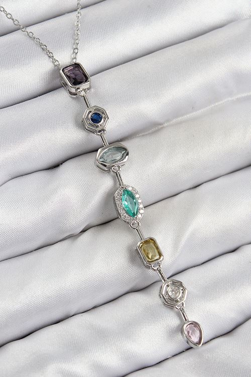 YRTCL Pirinç Renkli Zirkon Taşlı Model Gümüş Renk 7 Element Kadın Y Kolye