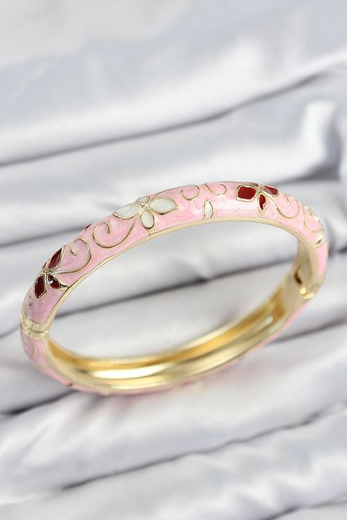 YRTCL Mineli Pirinç Pembe Çiçek Motifli Gold Kadın Kelepçe