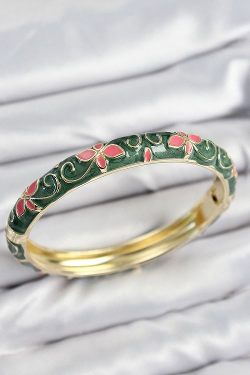 YRTCL Mineli Pirinç Yeşil Çiçek Motifli Gold Kadın Kelepçe