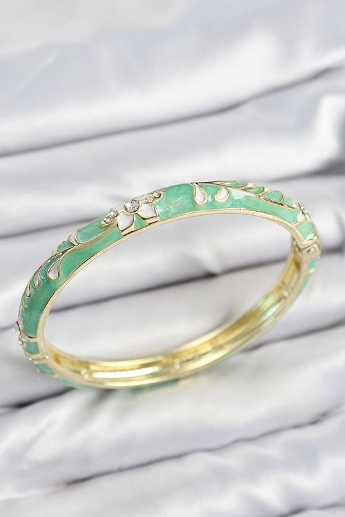 YRTCL Mineli Pirinç Zirkon Taşlı Yeşil Çiçek Motifli Gold Kadın Kelepçe