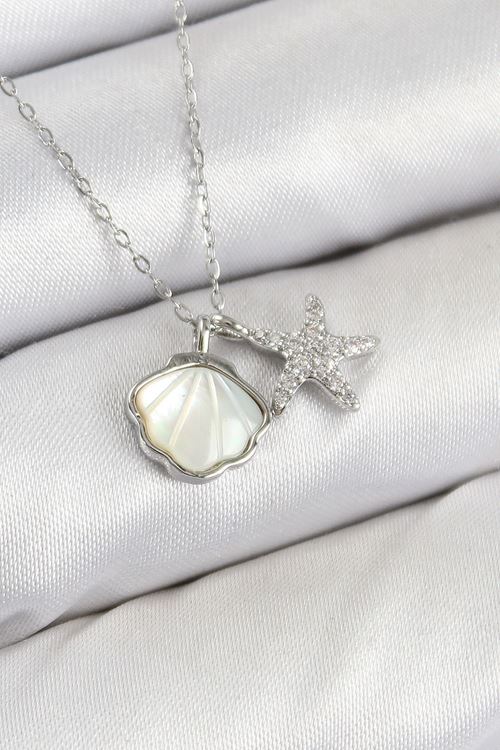 YRTCL Pirinç Zirkon Taşlı İstiridye Ve Deniz Yıldızı Model Gümüş Renk Kadın Kolye