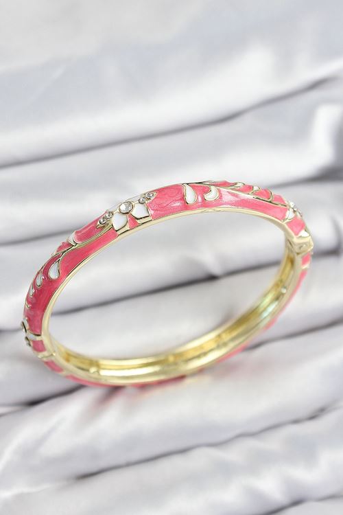 YRTCL Mineli Pirinç Zirkon Taşlı Pembe Çiçek Motifli Gold Kadın Kelepçe