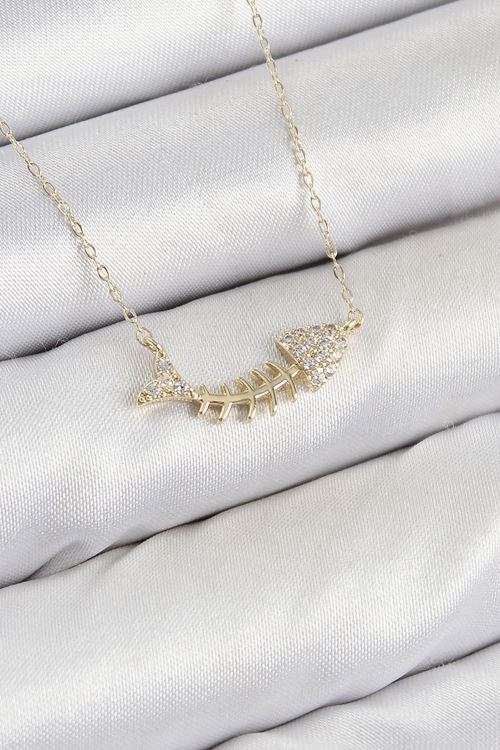 YRTCL Pirinç Zirkon Taşlı Balık Kılçığı Model Gold Renk Kadın Kolye