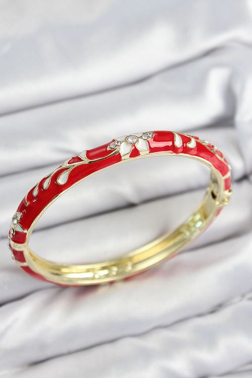 YRTCL Mineli Pirinç Zirkon Taşlı Kırmızı Çiçek Motifli Gold Kadın Kelepçe