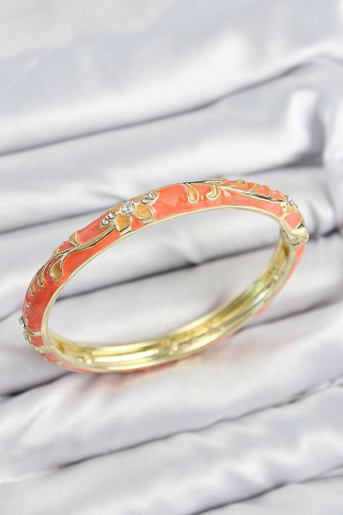 YRTCL Mineli Pirinç Zirkon Taşlı Turuncu Çiçek Motifli Gold Kadın Kelepçe