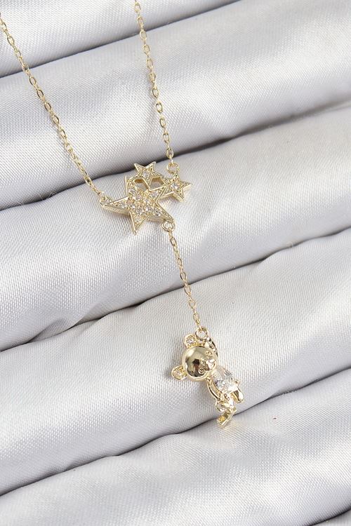 YRTCL Pirinç Zirkon Taşlı Sallantılı Ayıcıklı Yıldız Model Gold Renk Kadın Kolye