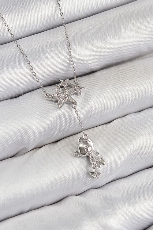 YRTCL Pirinç Zirkon Taşlı Sallantılı Ayıcıklı Yıldız Model Gümüş Renk Kadın Kolye