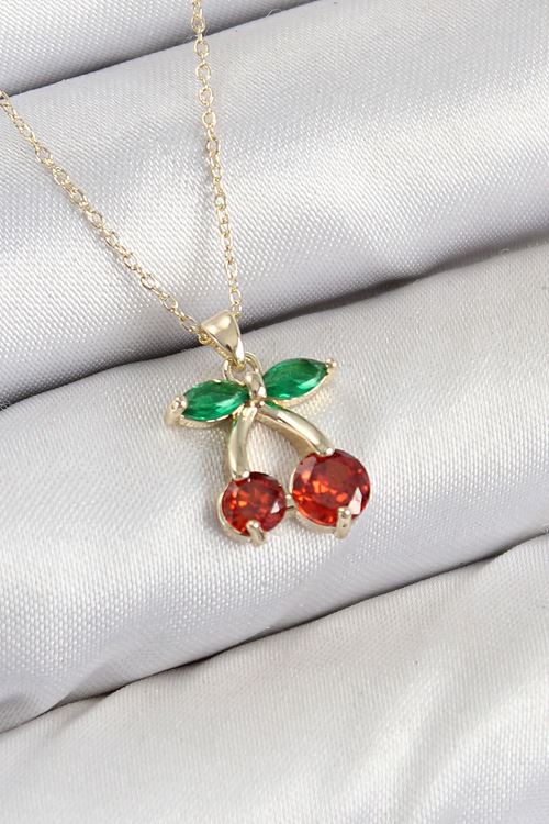 YRTCL Pirinç Zirkon Taşlı Kiraz Model Gold Renk Kadın Kolye