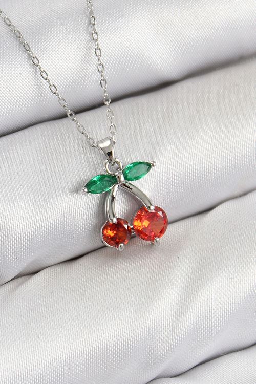 YRTCL Pirinç Zirkon Taşlı Kiraz Model Gümüş Renk Kadın Kolye