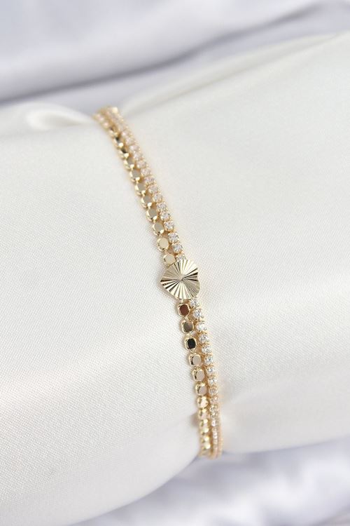 YRTCL Pirinç Zirkon Taşlı Ezme Zincirli Kalp Model Gold Renk Kadın Bilekilk