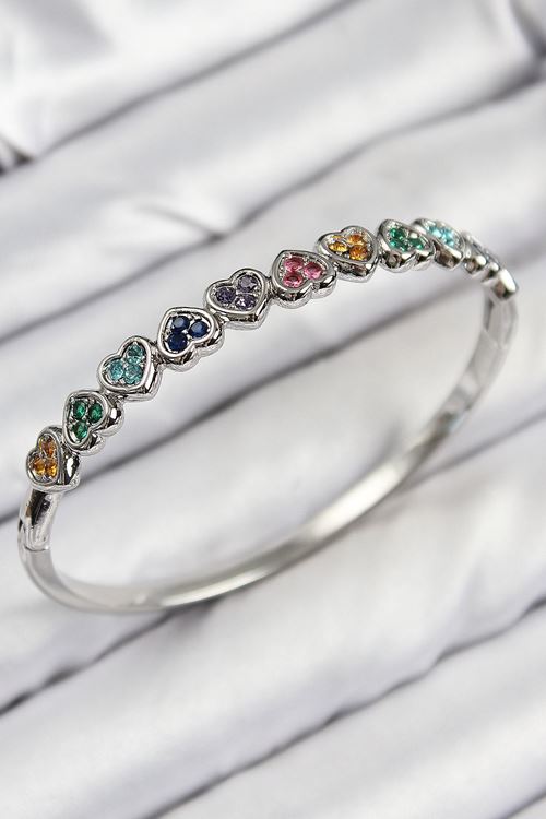 YRTCL Pirinç Renkli Zirkon Taşlı Sıralı Kalp Model Gümüş Renk Kadın Kelepçe