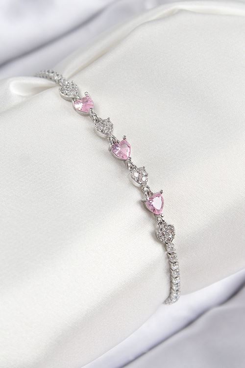 YRTCL Pirinç Zirkon Taşlı Pembe Kalp Model Gümüş Renk Kadın Bileklik