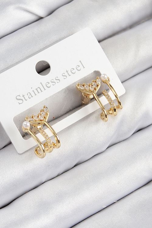 YRTCL Pirinç Zirkon Taşlı İnci Detaylı Balık Kuyruğu Model Gold Renk Kadın Küpe