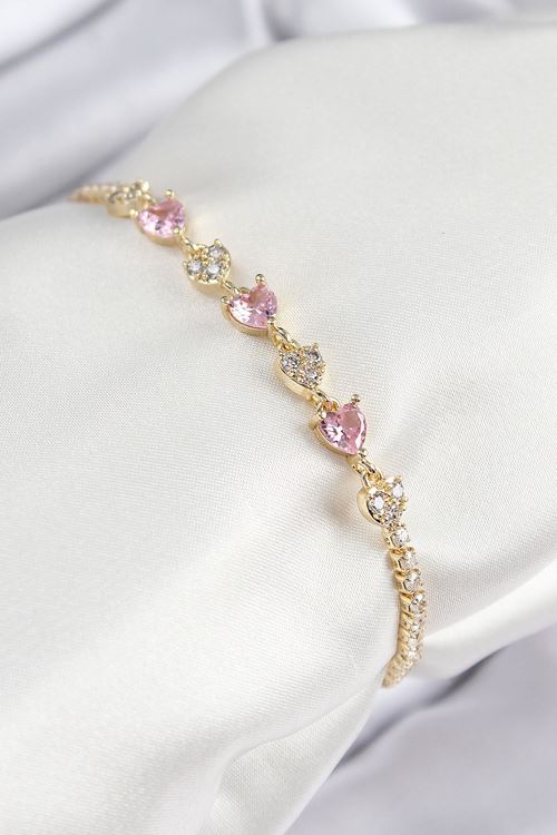 YRTCL Pirinç Zirkon Taşlı Pembe Kalp Model Gold Renk Kadın Bileklik