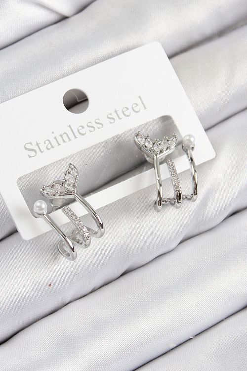 YRTCL Pirinç Zirkon Taşlı İnci Detaylı Balık Kuyruğu Model Gümüş Renk Kadın Küpe