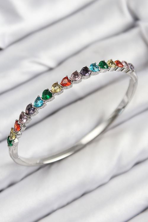 YRTCL Pirinç Renkli Zirkon Taşlı Kalp Model Gümüş Renk Kadın Kelepçe