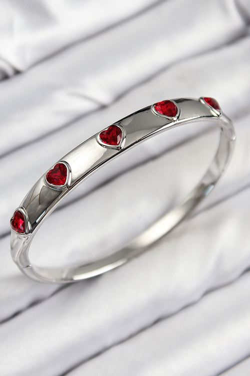 YRTCL Pirinç Zirkon Taşlı Kırmızı Kalp Model Gümüş Renk Kadın Kelepçe