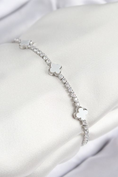 YRTCL Pirinç Zirkon Taşlı Yonca Model Gümüş Renk Kadın Bileklik