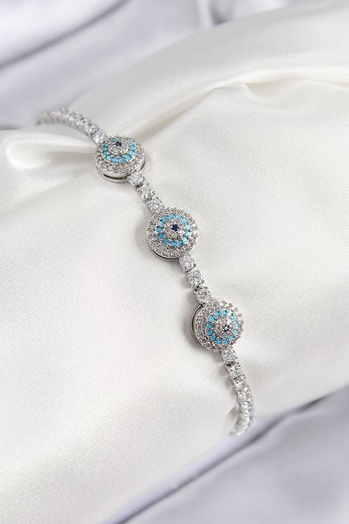 YRTCL Pirinç Zirkon Taşlı Nazar Model Gümüş Renk Kadın Bileklik