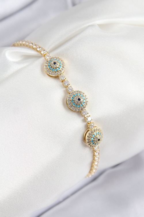 YRTCL Pirinç Zirkon Taşlı Nazar Model Gold Renk Kadın Bileklik