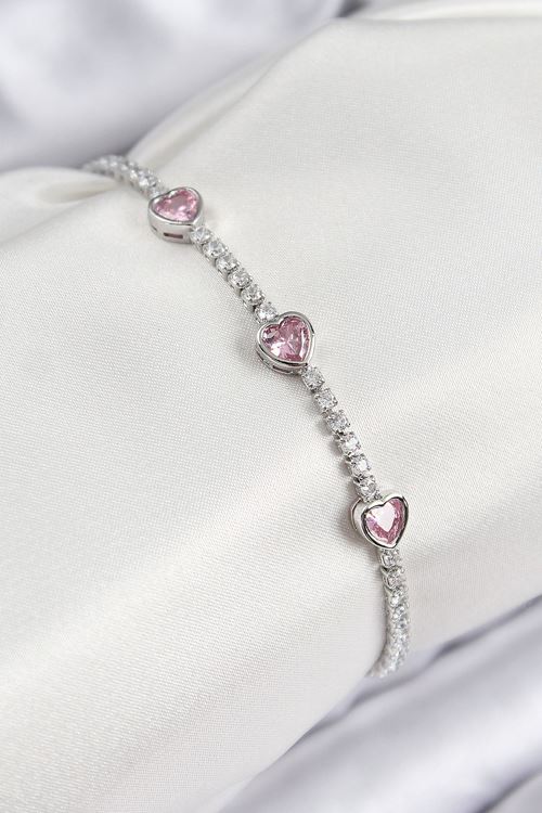 YRTCL Pirinç Zirkon Taşlı Pembe Kalp Model Gümüş Renk Kadın Bileklik