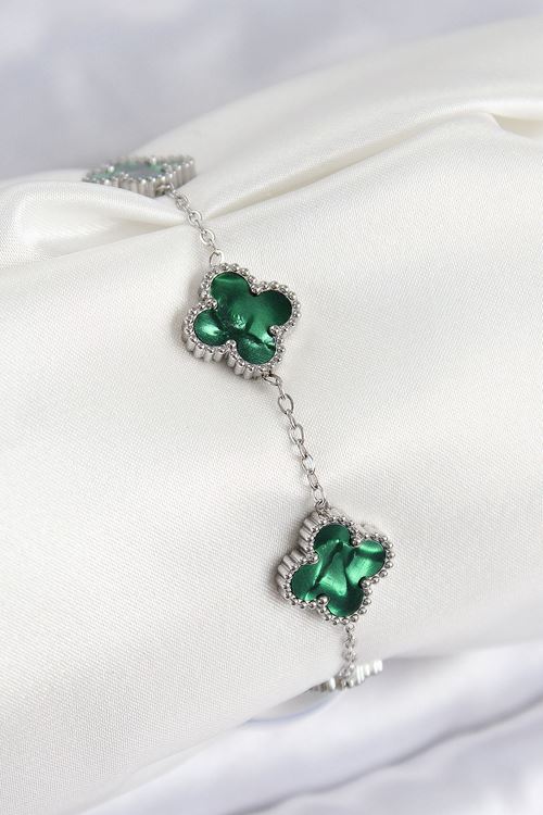 YRTCL 316L Çelik Sedefli Zümrüt Yeşil Gümüş Renk Yonca Kadın Bileklik