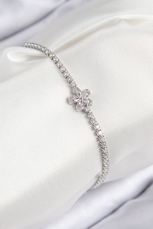 YRTCL Pirinç Zirkon Taşlı Çiçek Model Gümüş Renk Kadın Bileklik