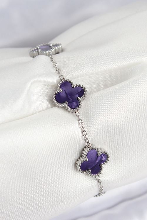 YRTCL 316L Çelik Sedefli Mor Gümüş Renk Yonca Kadın Bileklik