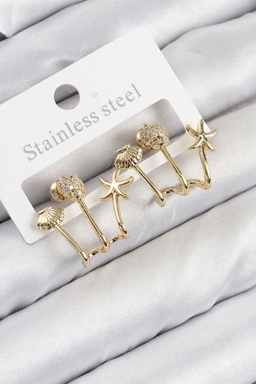 YRTCL Pirinç Zirkon Taşlı Deniz Yıldızı ve İstiridye Model Gold Renk Kadın Küpe