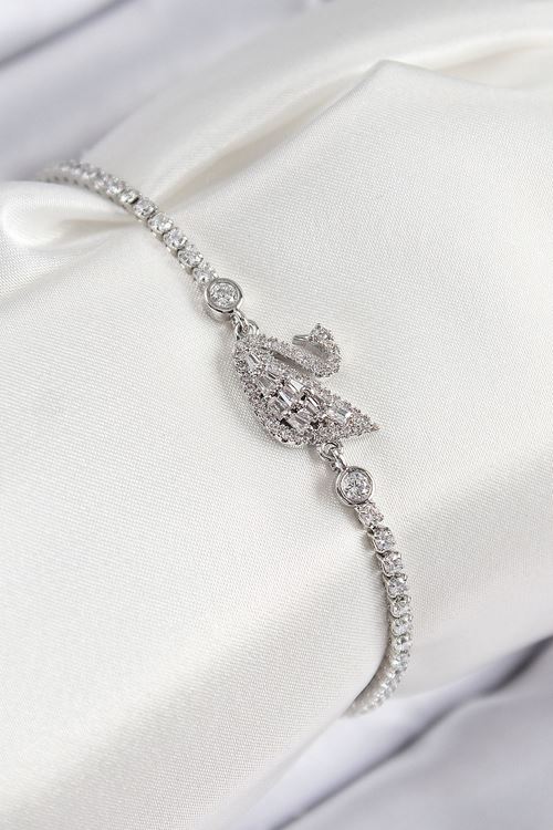 YRTCL Pirinç Zirkon Taşlı Kuğu Model Gümüş Renk Kadın Bileklik