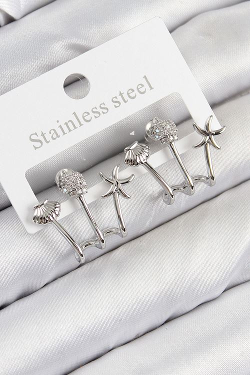 YRTCL Pirinç Zirkon Taşlı Deniz Yıldızı ve İstiridye Model Gümüş Renk Kadın Küpe