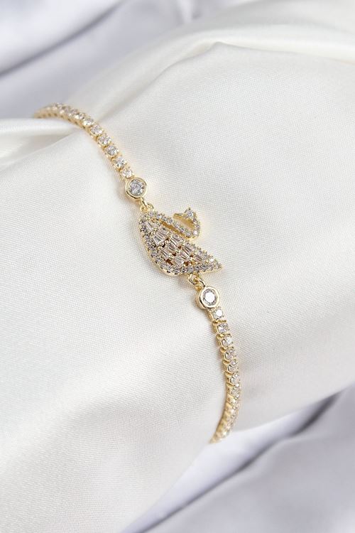 YRTCL Pirinç Zirkon Taşlı Kuğu Model Gold Renk Kadın Bileklik