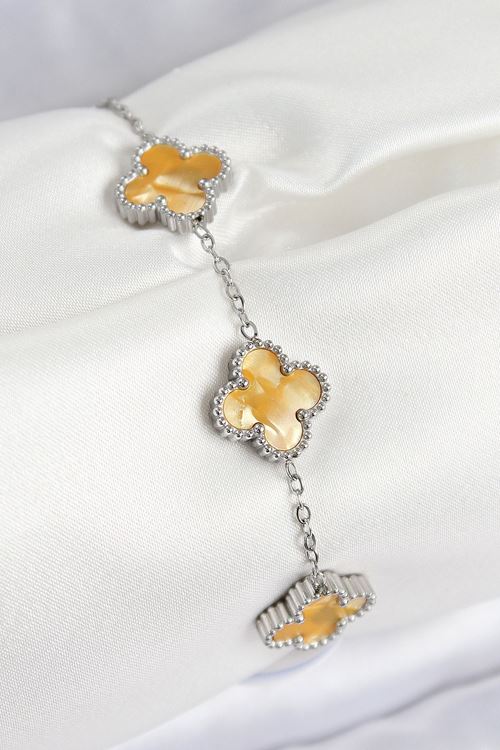 YRTCL 316L Çelik Sedefli Kehribar Sarı Gümüş Renk Yonca Kadın Bileklik