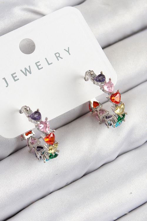 YRTCL Pirinç Zirkon Taşlı Kalp Model Gümüş Renk Kadın Küpe